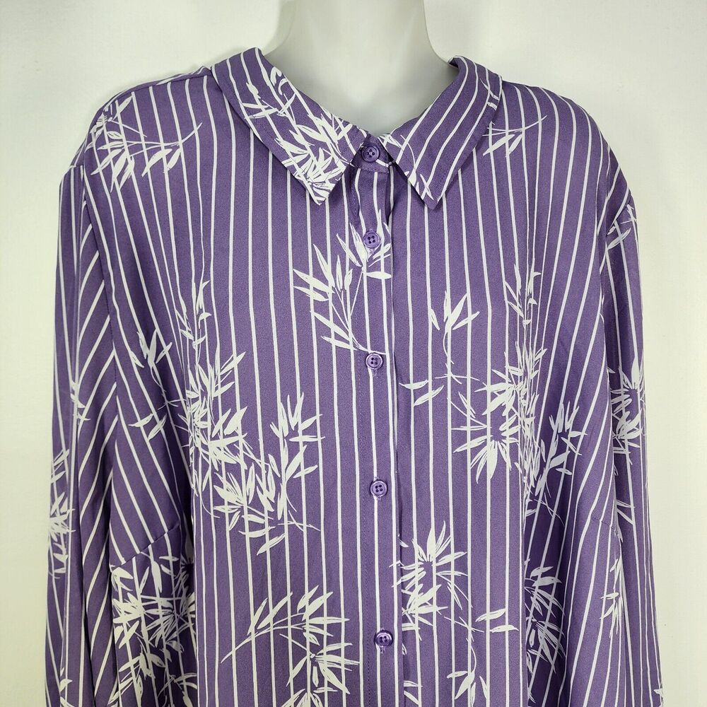 Catherines Womens Shirt Size 2X 22/24W Purple White Striped Floral Sheer Button - Picture 3 of 10